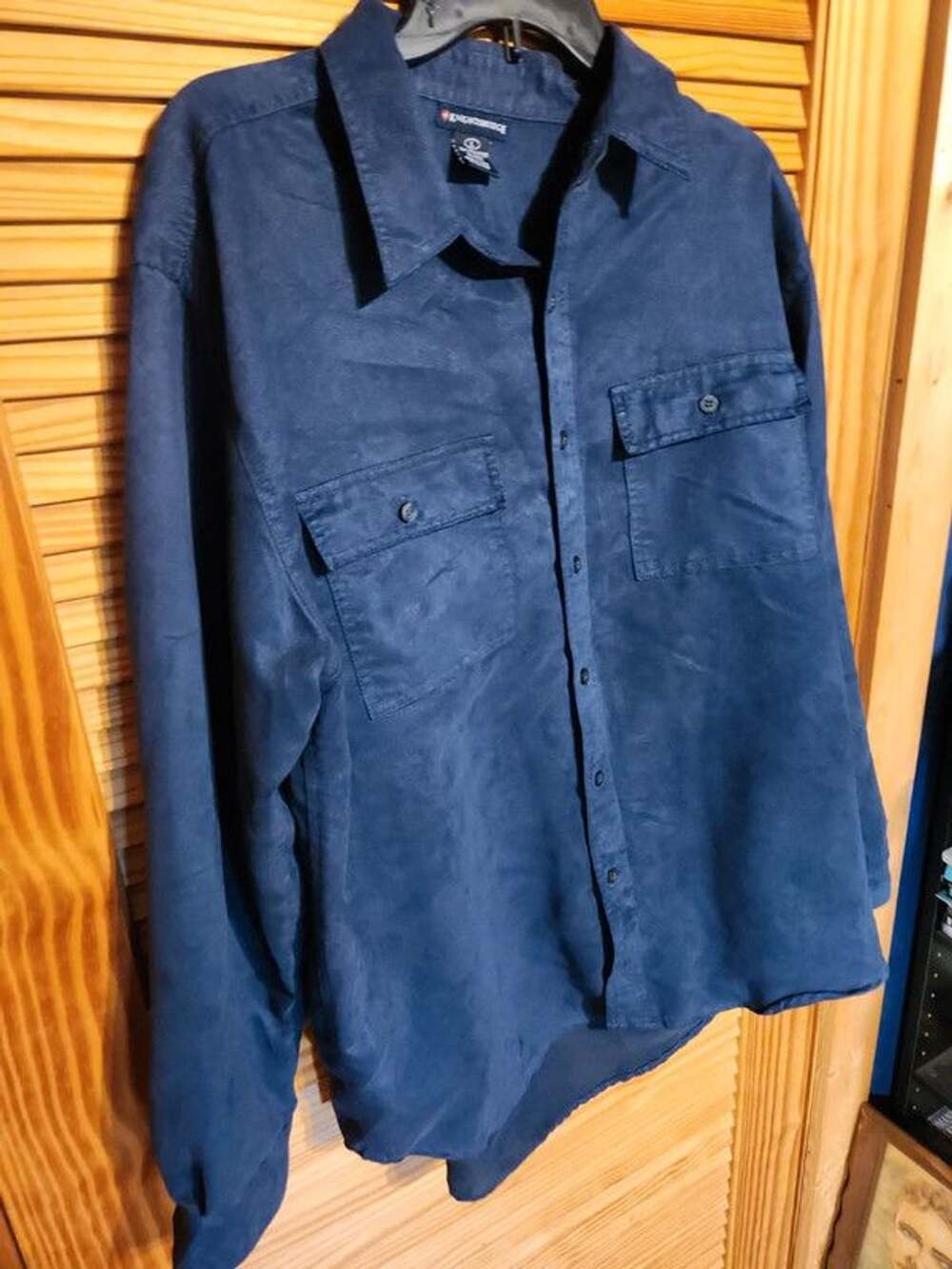 Vintage 90s Knightsbridge Navy Blue Faux Suede Button Up Shirt Men's Large